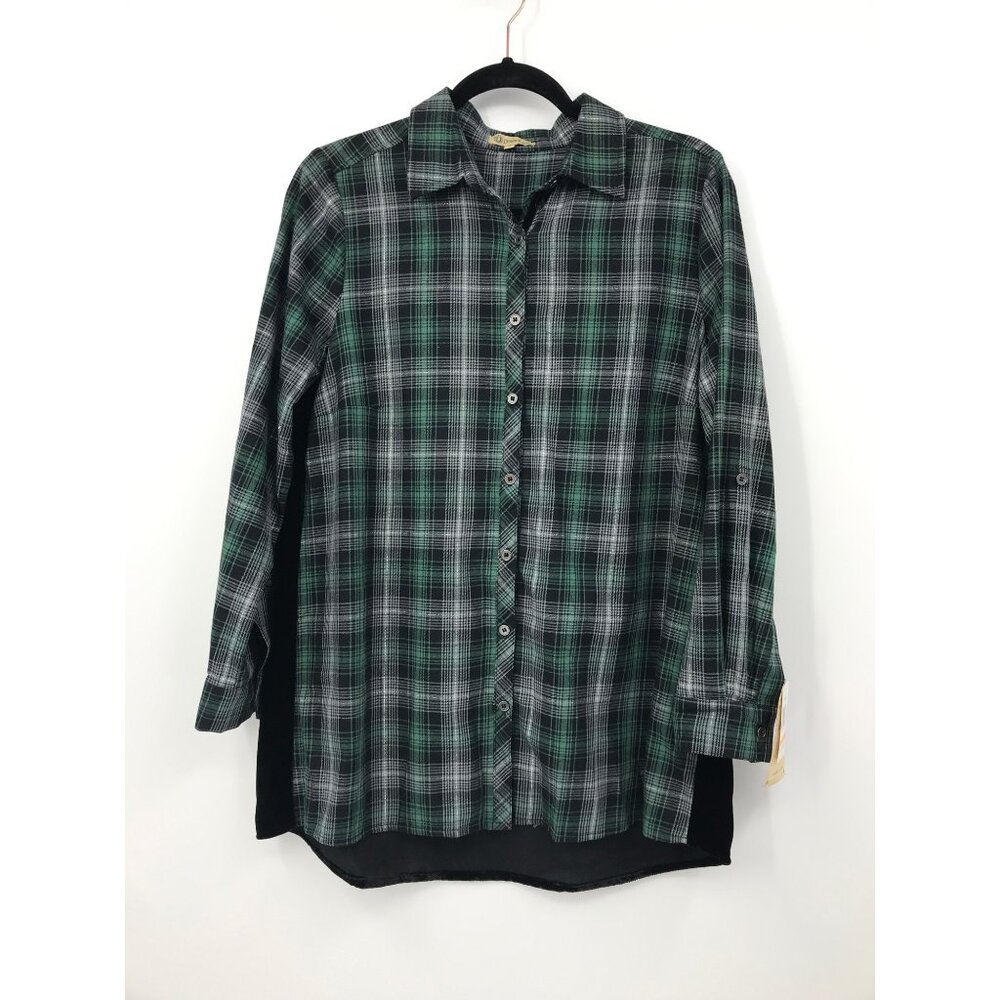 Democracy Plaid Velvet Embroidered Long Sleeve Button Front Shirt Green Small NE